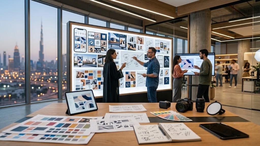 Graphic design studio reviewing mood boards, colour palettes, and campaign layouts at dusk in Dubai